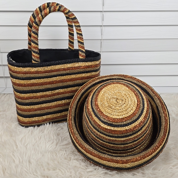 Source Unknown Handbags - Striped Straw Bag and Hat Set